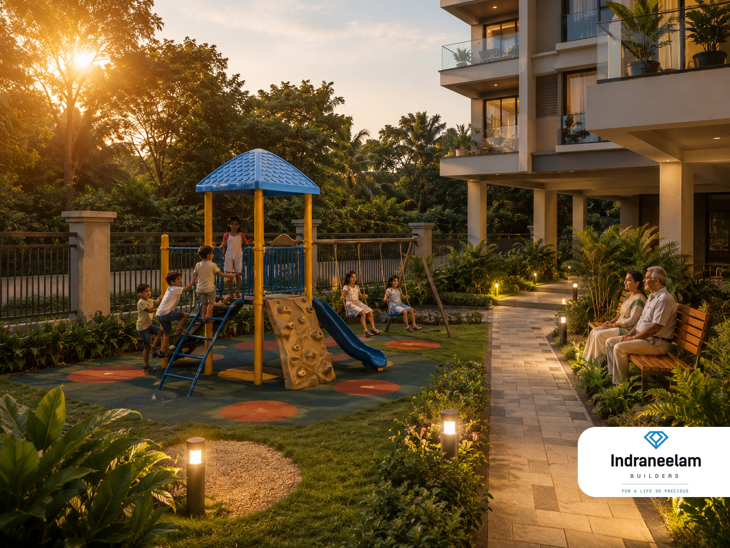 Children enjoying safe play areas at family-friendly luxury flats in Punkunnam with premium amenities at Indraneelam Infinia