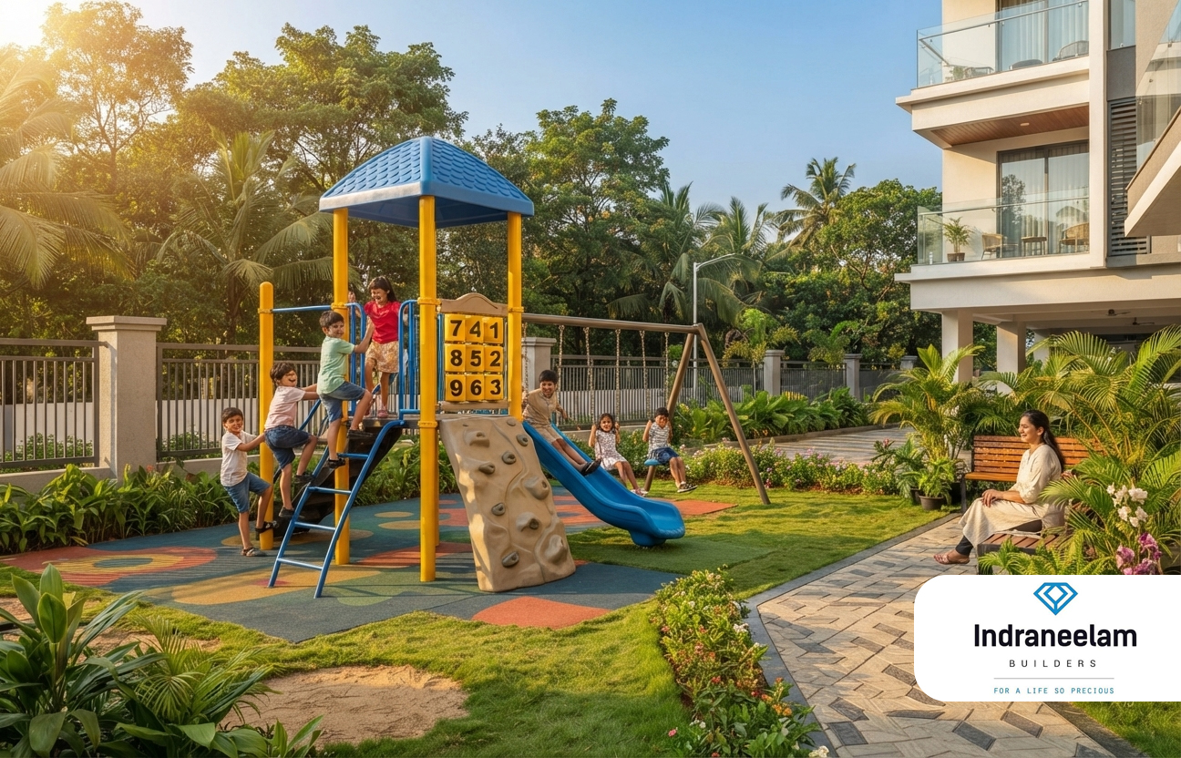 Family-friendly flats in Thrissur with safe kids play areas, landscaped community spaces and premium amenities at Indraneelam Infinia