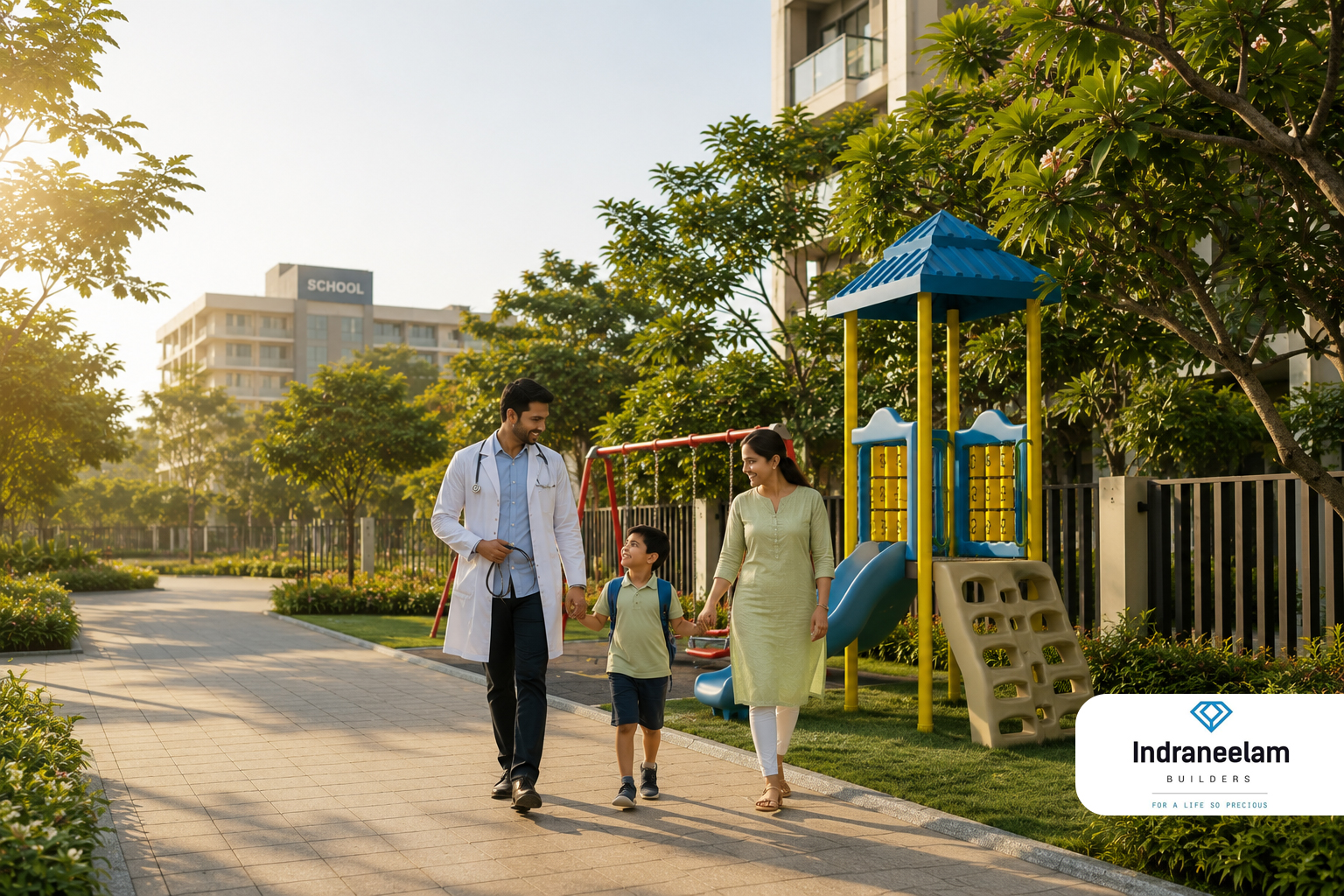 Premium family apartments in Thrissur near leading schools and hospitals, offering a safe environment and modern amenities for healthcare professionals at Indraneelam Infinia
