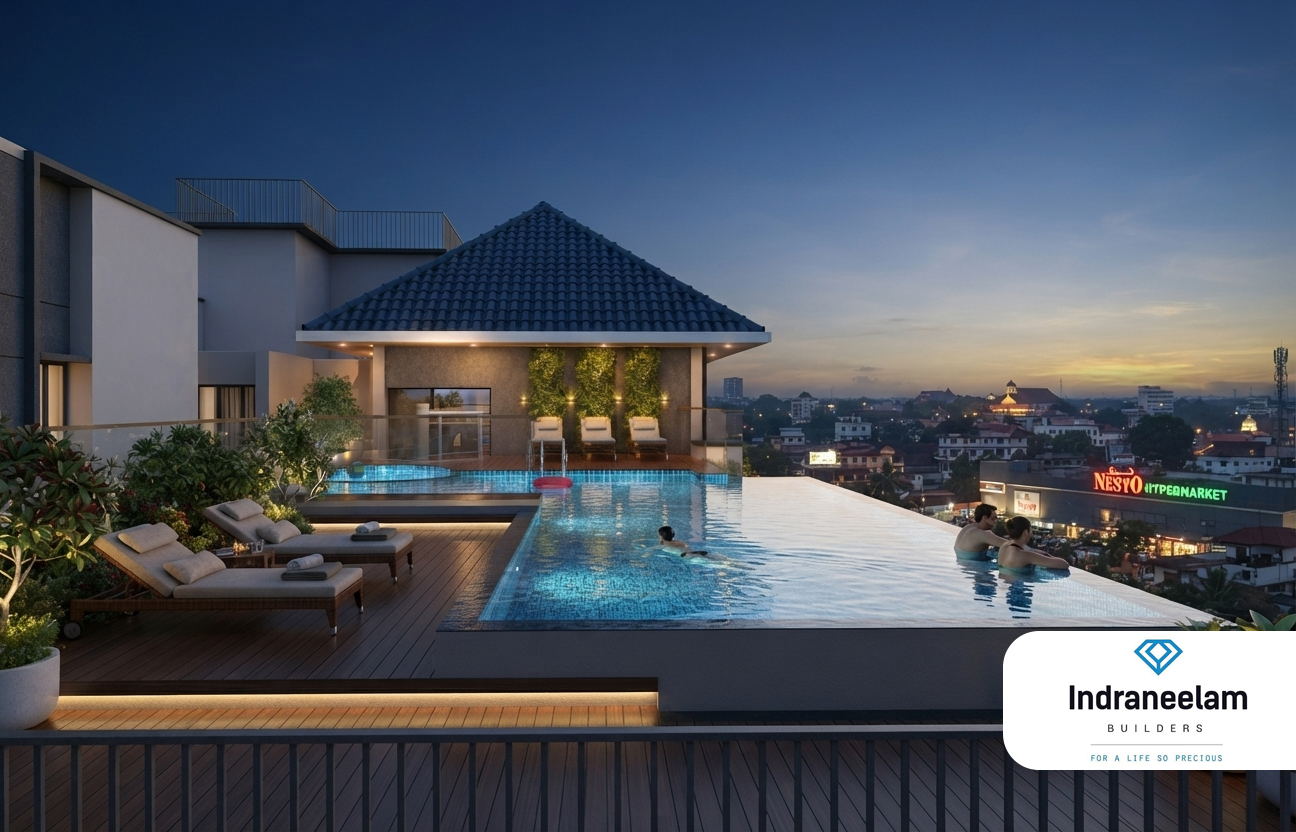 Luxury apartments in Thrissur with a rooftop infinity swimming pool offering panoramic views and premium lifestyle amenities at Indraneelam Infinia