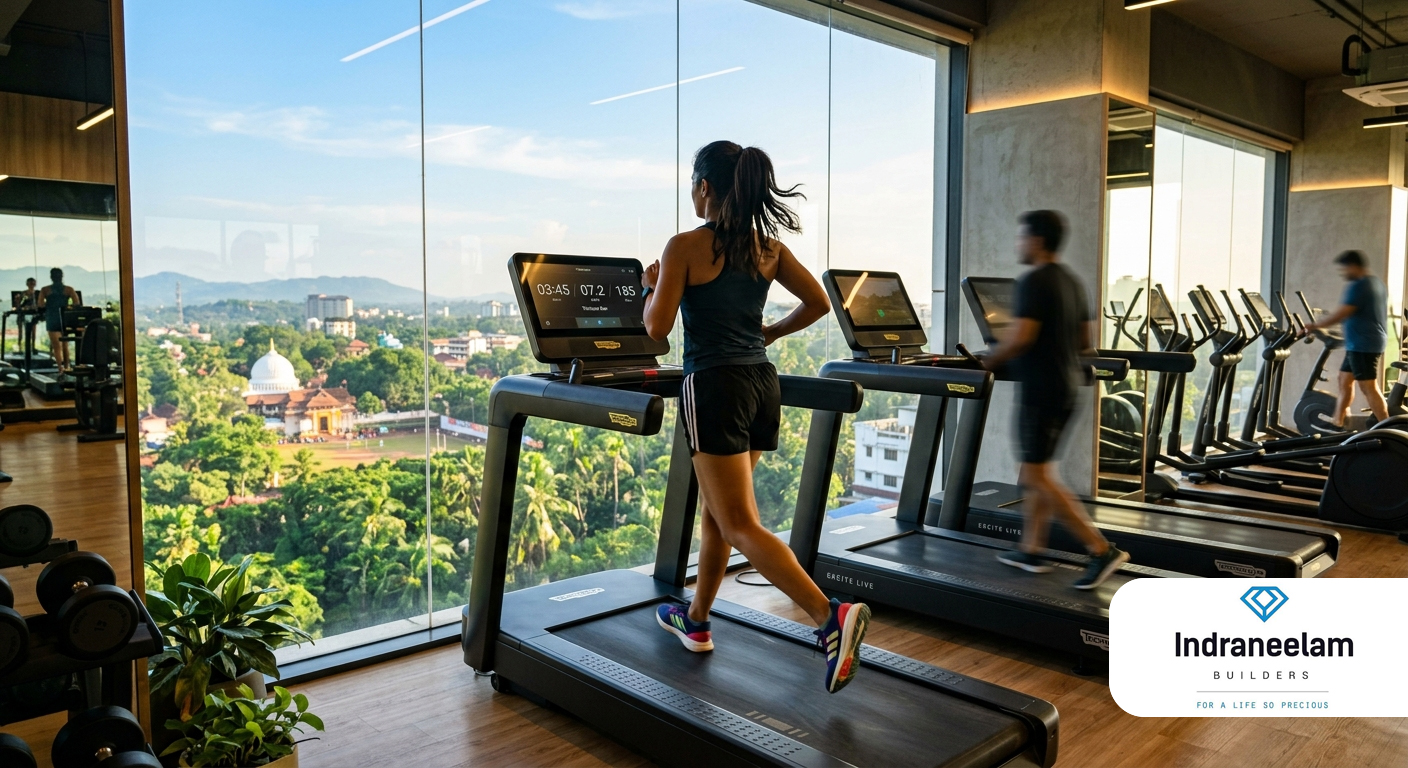 Air-conditioned health club at luxury apartments in Thrissur with modern fitness facilities and premium lifestyle amenities