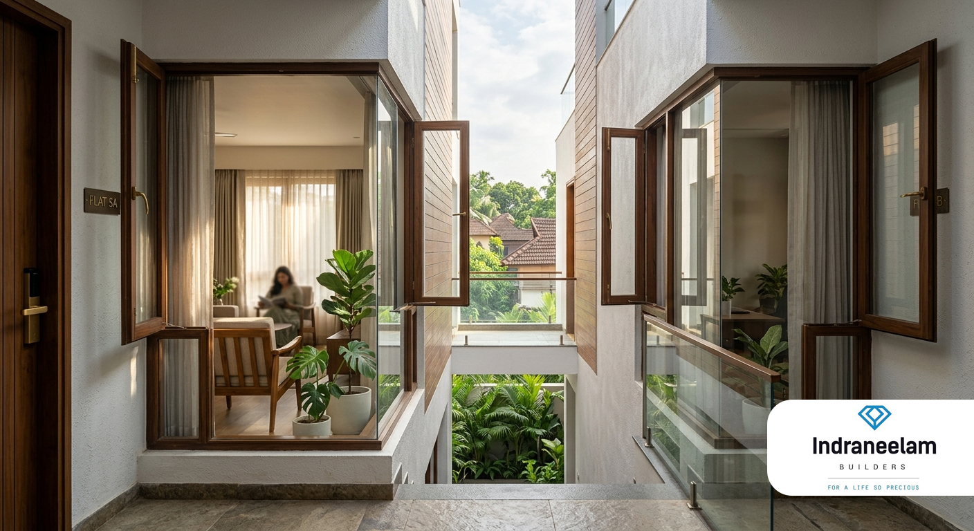 No-common-wall luxury apartments in Thrissur offering enhanced privacy, peaceful living and premium residential comfort at Indraneelam Infinia