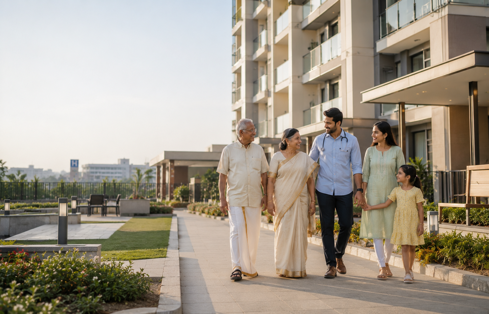 Senior-friendly luxury apartments in Thrissur with accessible design, modern amenities and peaceful living for healthcare professionals caring for aging parents at Indraneelam Infinia