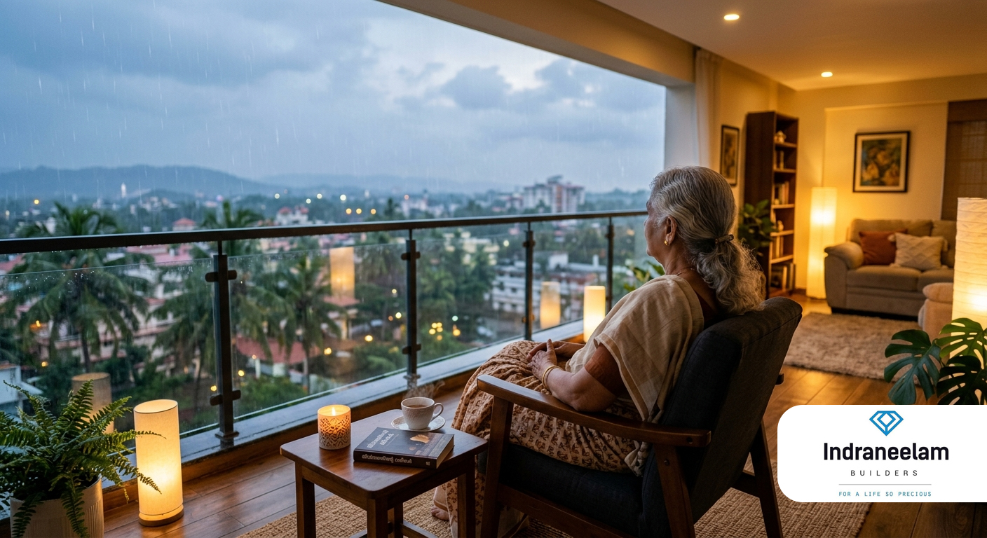 Senior living apartments in Thrissur with accessible design, peaceful surroundings and premium amenities for a comfortable retirement at Indraneelam Infinia